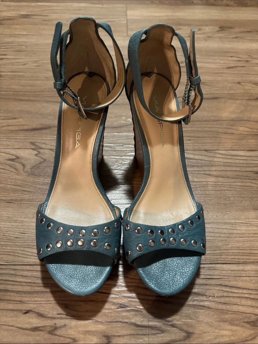 Via Spiga Teal Studded Ankle-Strap Heels